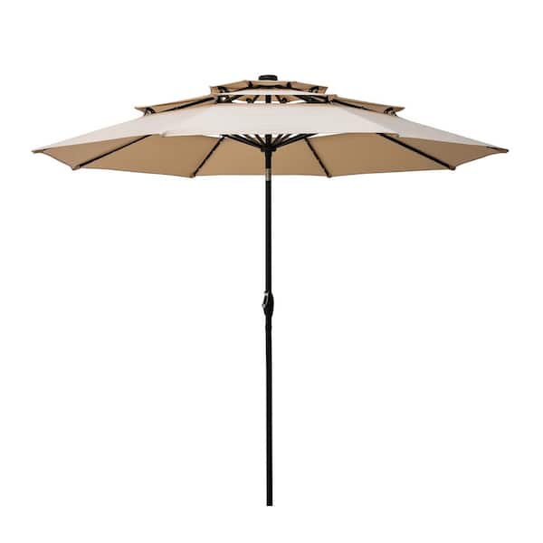 OVASTLKUY 10 ft. 3-Tier Market Outdoor Patio Umbrella with Solar LED Lighted in Khaki