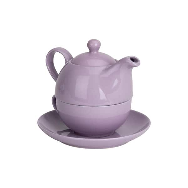 Mind Reader 12 oz. Pot, 10 oz. Mug, White Decorative Ceramic Single Teapot and Teacup with Lid and Saucer, 1-Cup, Purple