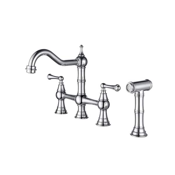 Flynama Double Handles 4 Holes Brass Bridge Dual Handles Kitchen Faucet   Chrome Bridge Kitchen Faucets Jx W928111299 64 600 