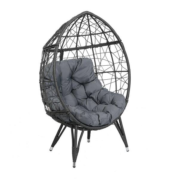 Afoxsos Brown Basket Wicker Outdoor Egg Lounge Chair with Grey Cushion