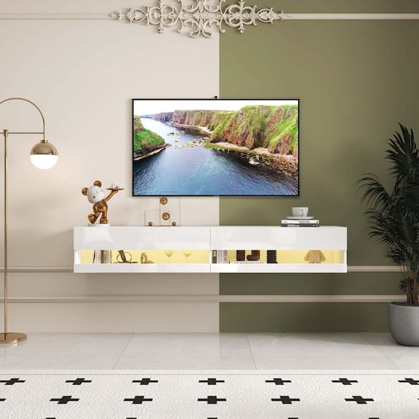 70.87 in. W x 15.75 in. D White Wall Mounted Floating TV Stand Decorative Wall Shelf with Charging Station