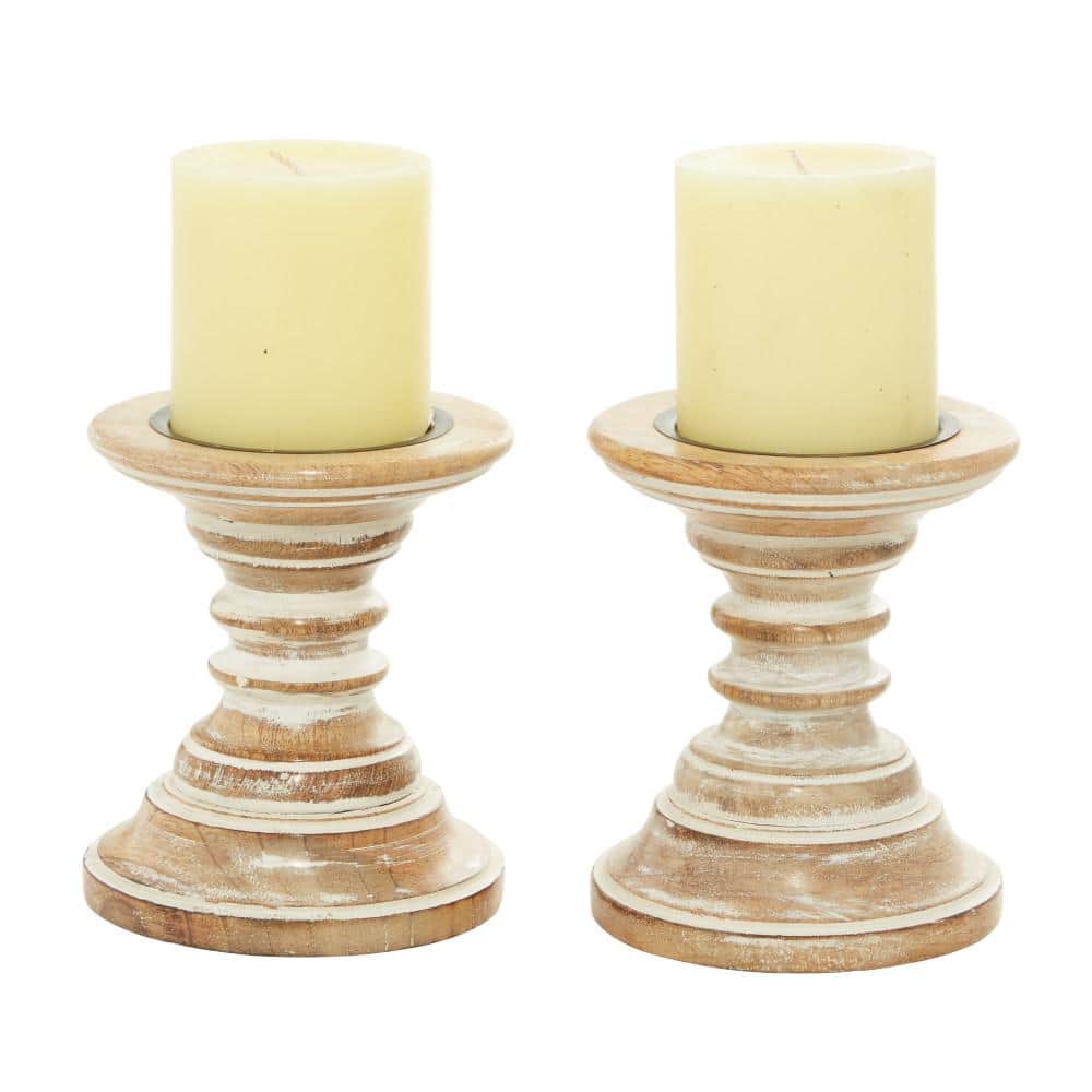 Rustic Light Brown Mango Wood Pillar Candle Holders, Set of 2