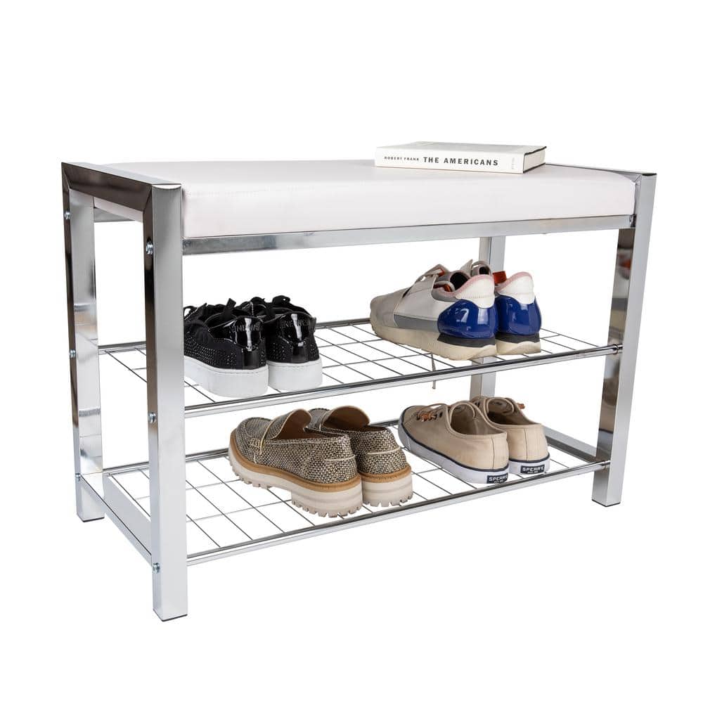 Chic White Leatherette and Chrome Metal Frame Entryway Shoe Bench with Storage