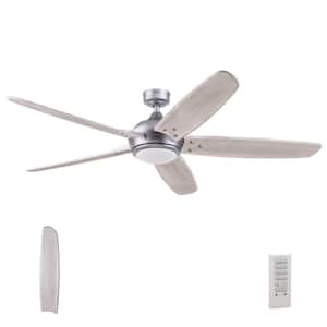 Loano 62 in. Modern Farmhouse Hand Carved Wood Blades Ceiling Fan w/LED Light Remote Control - Matte Nickel