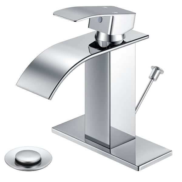 Single Handle Waterfll Spout Single Hole Bathroom Sink Faucet with Lift Rod Drain in Polished Chrome