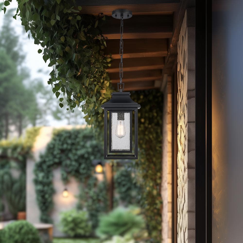 Bosque 16.5 in. 1-Light Black Outdoor Pendant Light Fixture with Clear Seeded Glass price history on PriceWatchPro