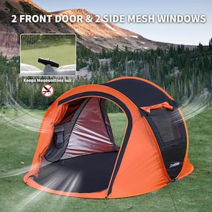 2-Person Pop Up Camping Tent 4 Mesh Windows and 2-Doors in Black and Orange