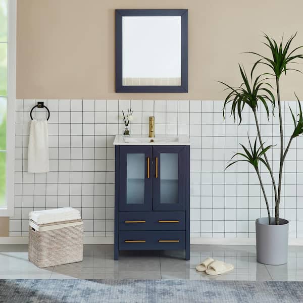 Vanity Art Brescia 24 in. W x 18.1 in. D x 35.8 in. H Single Basin Bathroom Vanity in Blue with Top in White Ceramic and Mirror