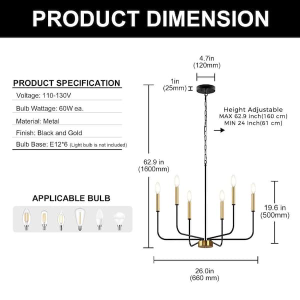 YANSUN 26 in. 6-Light Black Gold Farmhouse Chandelier
