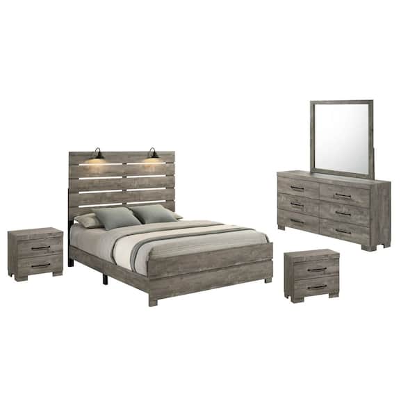 Nico 5-Piece Antique Grey Color Wood Frame Full Size Panel Bedroom Set With Nightstand