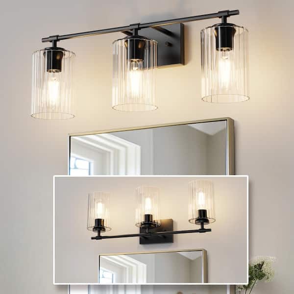 24 in. 3-Light Black Vanity Light with White Cylinder Glass Shades for Bathroom, Mirror, Vanity Area