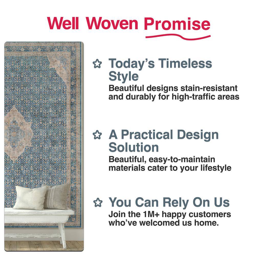 Blue Chenille Oriental Washable Reversible 5' x 7' Rug