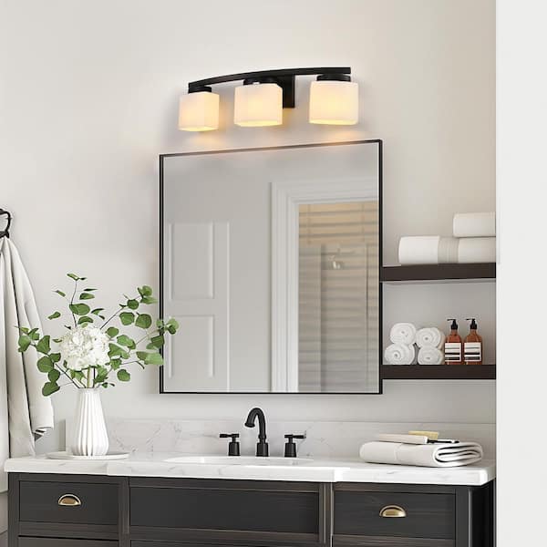 24 in. 3 Light Matte Black Vanity Light for Bathroom with Curved Arms and Milk White Shades
