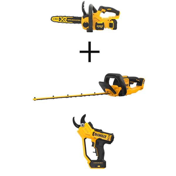 DEWALT 20V MAX 12 in. Brushless Battery Powered Chainsaw Kit, Hedge Trimmer & Pruner with (1) 5.0 Ah Battery & Charger