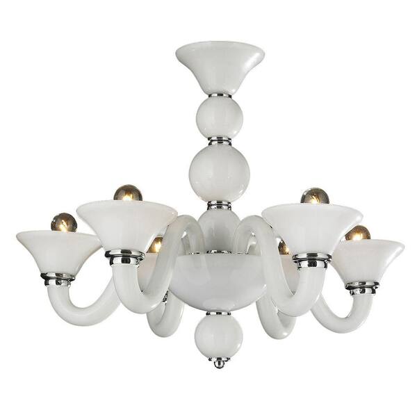 Worldwide Lighting Murano Venetian Style 6-Light Chrome Blown Glass in White Chandelier