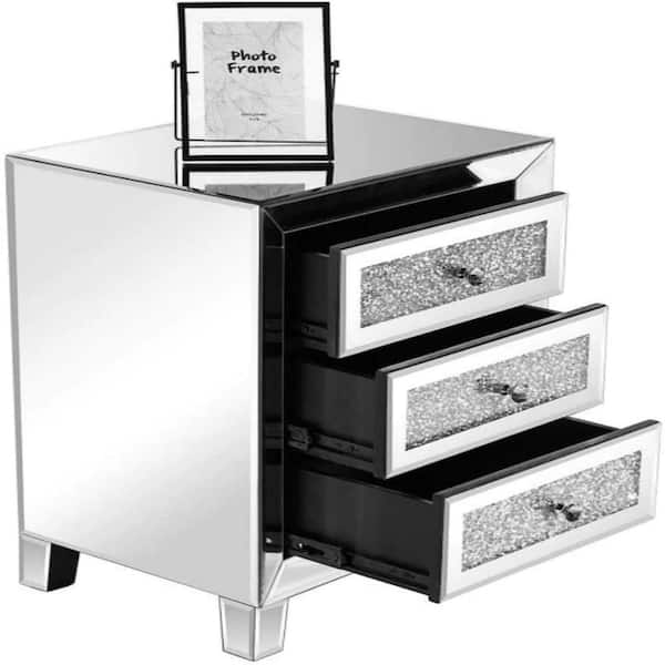 Karl home Silver Mirrored Nightstand with 3-Drawer 17.72 in. W x 13.78 in. D x 23.63 in. H