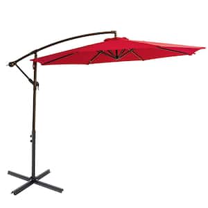 10 ft. Steel Cantilever Patio Umbrella with Cross Base Stand in Red Solution Dyed Polyester