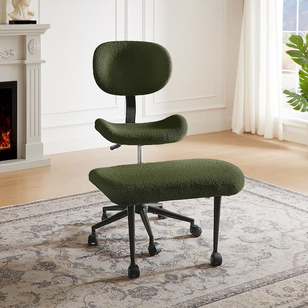 Teddy Fabric Ergonomic Office Chair with Back Support and Wheels Cross-Legged ADHD Adjustable Office Chair in Dark Green