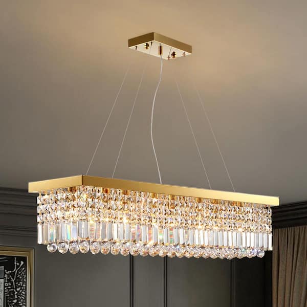 40 in. Modern 8-Lights Gold Rectangular Raindrop Crystal Chandelier for Dining Room Kitchen Island