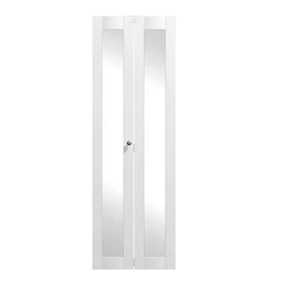 24 in. x 80 in. Full Lite Mirrored Glass Solid Core White PVC Covering MDF Bi-fold Door with Locks, Handles