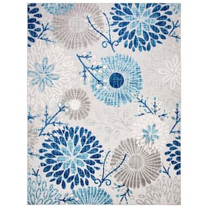 Cabana Gray/Blue 9 ft. x 12 ft. Floral Leaf Indoor/Outdoor Patio  Area Rug