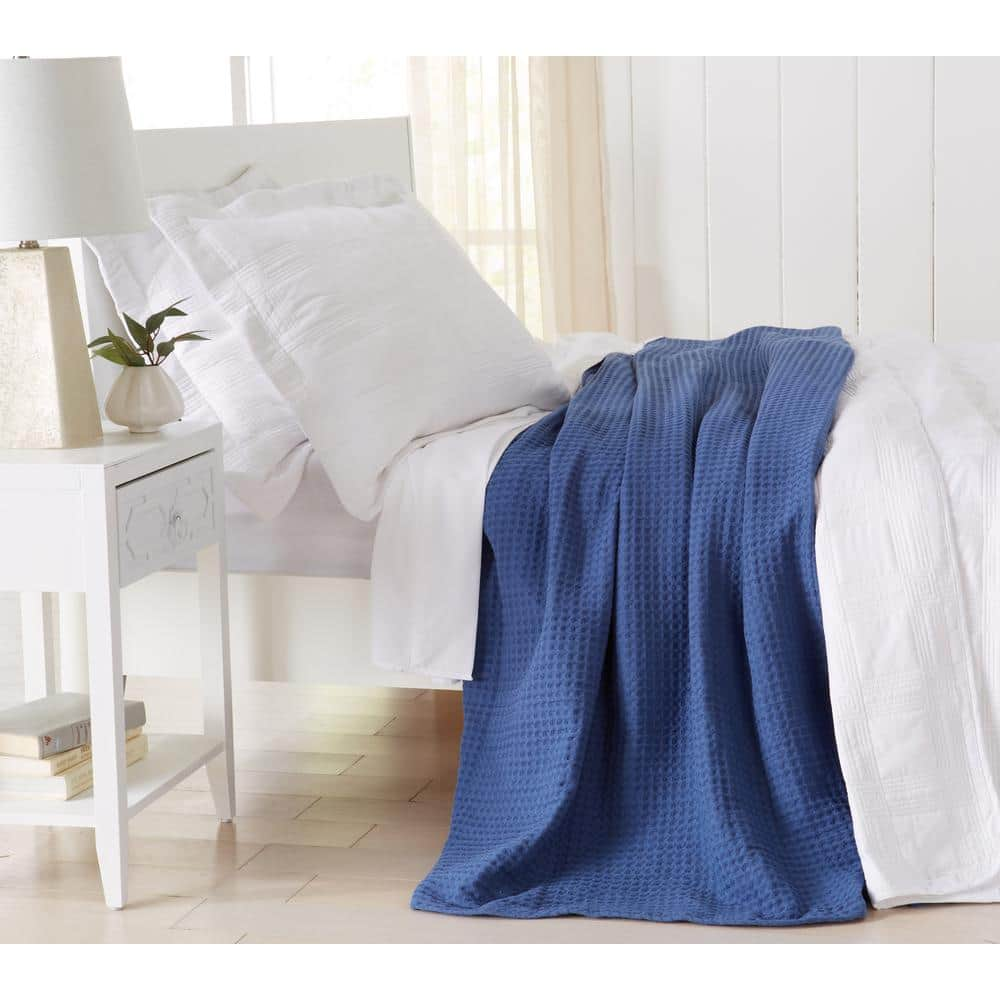 FRESHFOLDS Blue 100% Cotton Twin Lightweight Waffle Weave Blanket ...