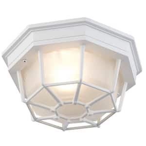 Benkert 9 in. 1-Light White Outdoor Flush Mount Ceiling Light Fixture with Frosted Glass