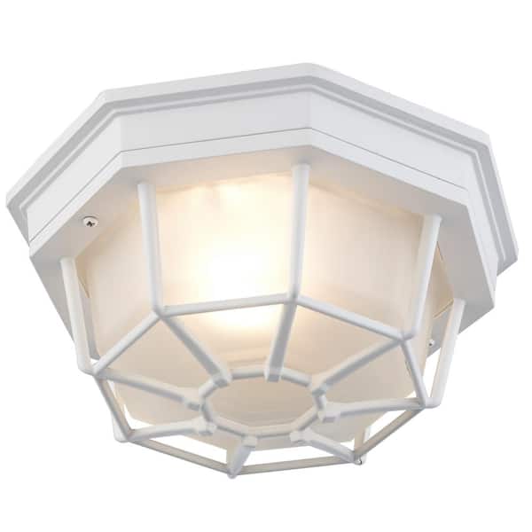 Benkert 9 in. 1-Light White Outdoor Flush Mount Ceiling Light Fixture with Frosted Glass