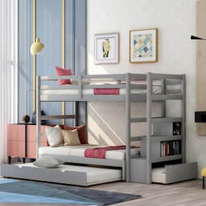 Gray Twin Over King Kids Bunk Bed with Trundle and Storage Drawers, Twin Size Wood Bunk Bed Frame with Pull-Out Trundle