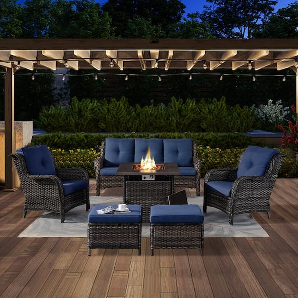 Opohoro ArcoBay 6-Piece Gray Frame Wicker Patio Square Fire Pit Conversation Set with Navy Blue Cushions and Ottomans
