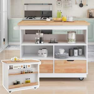 White Rolling Solid Rubber Wood Tabletop 46 in. Kitchen Island with Drawers and Shelves