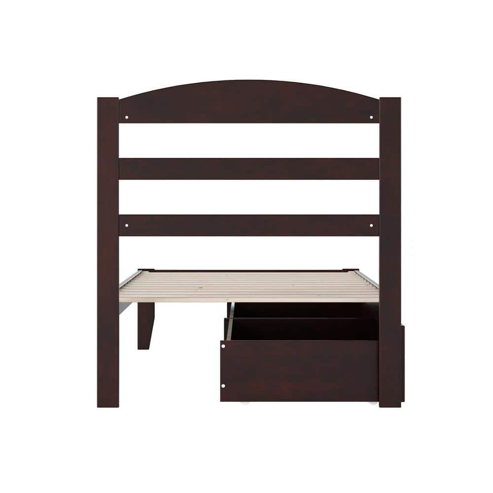 Espresso Twin Solid Wood Upholstered Platform Bed with Storage