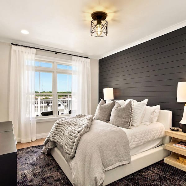 6 in. 1-Light Black Semi-Flush Mount with Metal Cage Shadeand No Bulb Included (1-Pack)