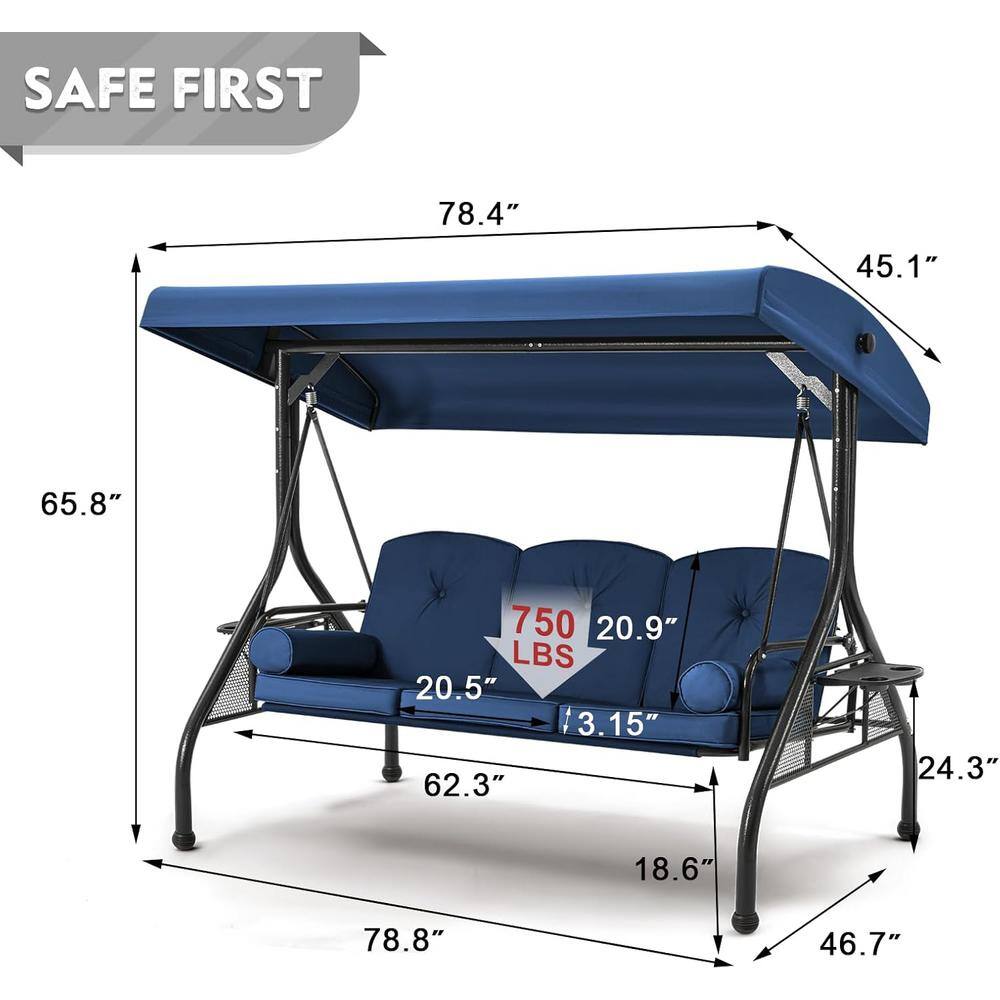 Blue Cushioned Steel Frame 3-Person Porch Swing with Adjustable Canopy