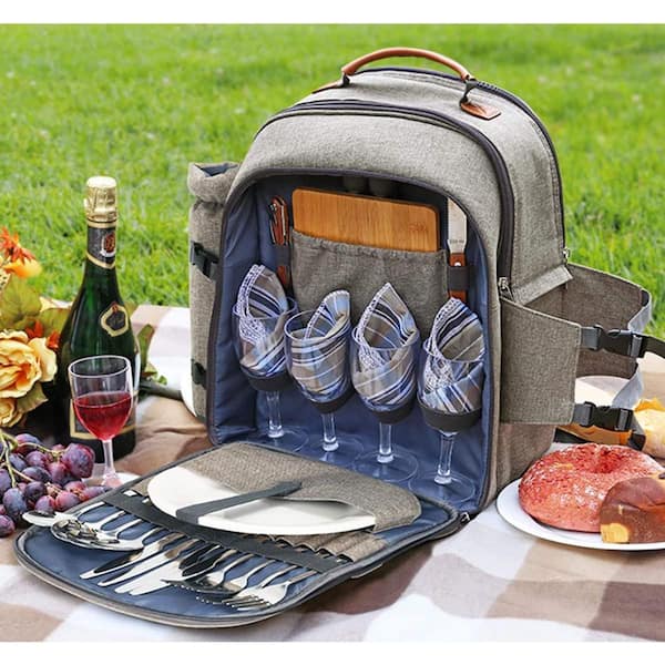  Luxury Picnic Backpack for 4: Insulated Cooler Bag with  Blanket, Wine & Cheese Essentials, Gourmet Set, Perfect for Beach, Camping,  Travel, Premium Plaid Strap, Folding Table, Waterproof, Family Kit : Patio