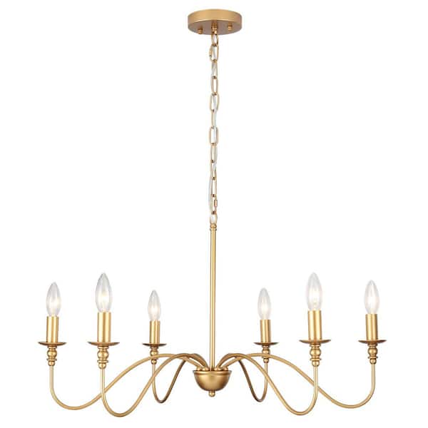 6-Light Gold Farmhouse Cadle Chandelier, Hanging Pendant Light for Kitchen with No Bulbs Included