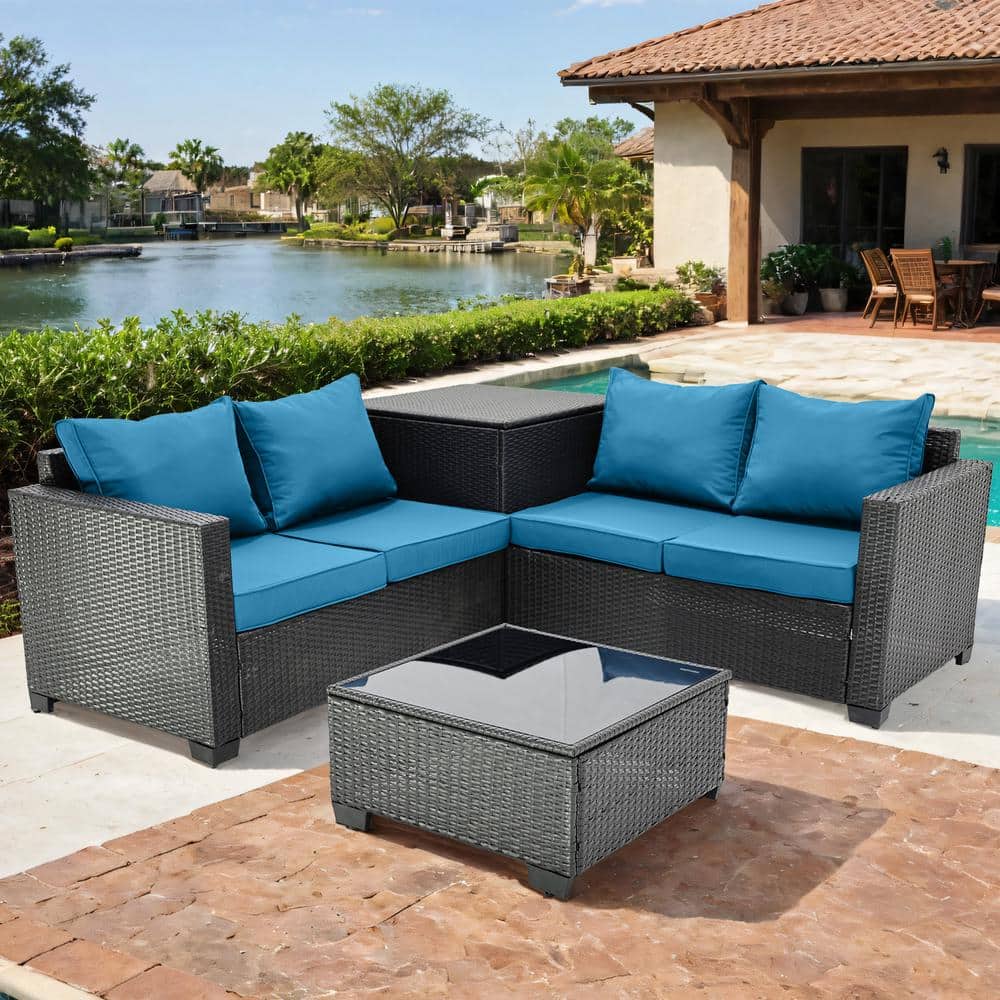 4-Piece Dark Coffee Wicker Outdoor Sectional Set with Peacock Blue Cushions