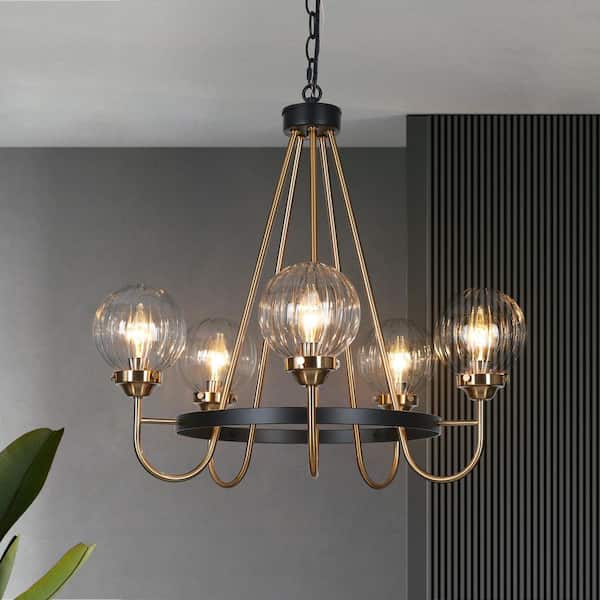 5-Light Brass Chandelier Lighting, Sputnik Pendant Lights for Kitchen Island, Modern Black Chandelier with Round Glasses