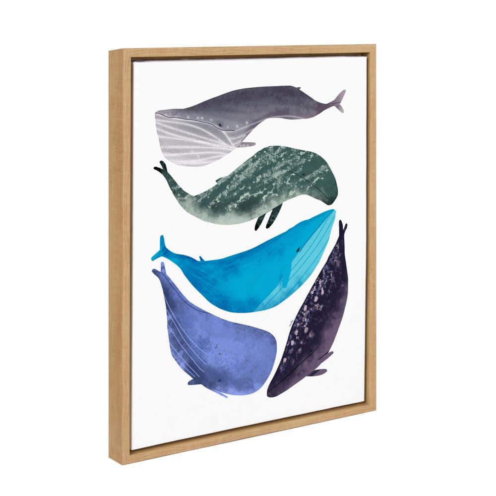 Sylvie Whales Blue and Green Canvas Print with Natural Frame
