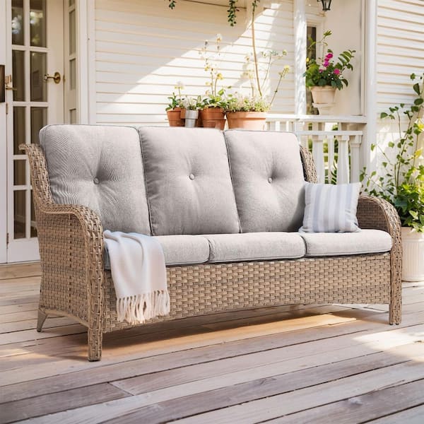 WellCane 3-Seat Yellow Wicker Outdoor Couch Patio Sofa with High Curvy Back, and Thick Beige Cushions