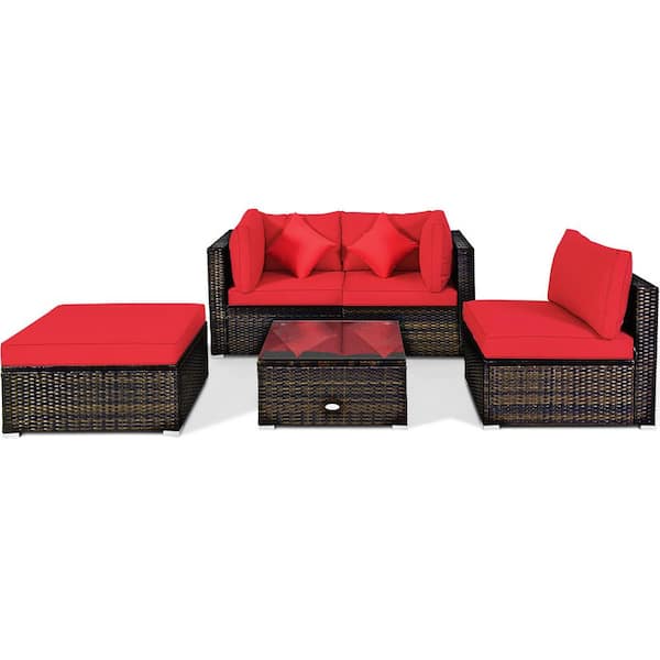 5-Piece Wicker Patio Conversation Set with Red Cushions