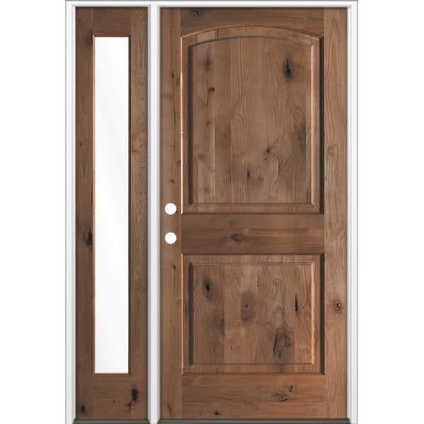 44 in. x 80in. Knotty Alder 2Panel Arch-Top Right-Hand/Inswing Clear Glass True Black Stain Wood Prehung Front Door LFSL
