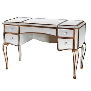 Stella 43 in. L Rectangle Gold Mirrored Makeup Vanity Desk with Jewelry Drawers