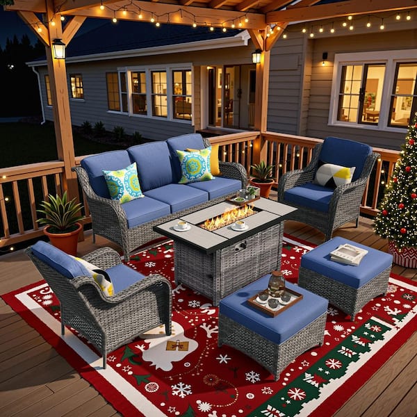Clario 6-Piece Wicker Patio Furniture Conversation Seating Set with Fire Pit, Denim Blue Cushions for All-Weather