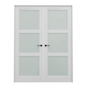 72 in. x 96 in. Universal Handed 3-Lite Frosted Glass White Solid Core MDF Double Prehung French Door with Assemble Jamb