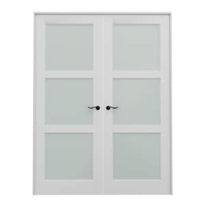 72 in. x 80 in. Frosted Glass Universal Handed 3-Lite White Solid Core Double Prehung French Door with Assemble Jamb