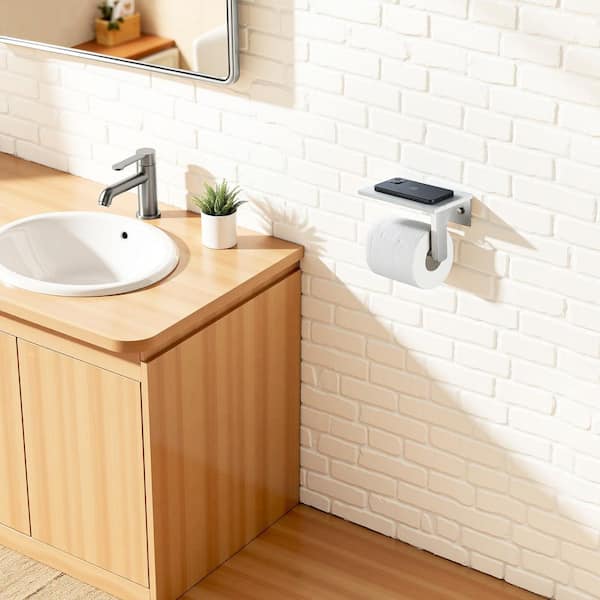 Wall Mount Single Post Toilet Paper Holder with Marble Shelf in Brushed Nickel