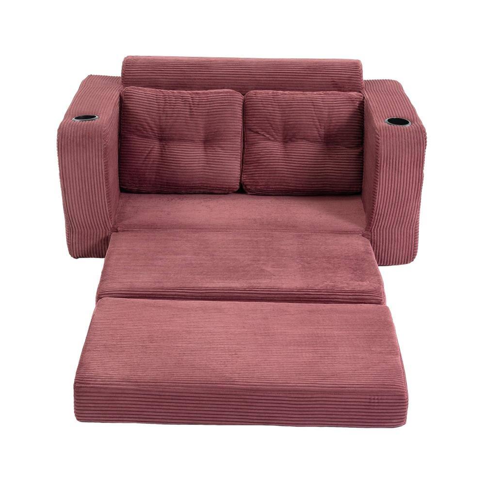 Wine red corduroy sofa bed viewed from the front.