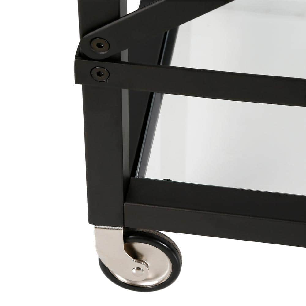 Modern Blackened Bronze Metal Bar Cart with Glass Shelves