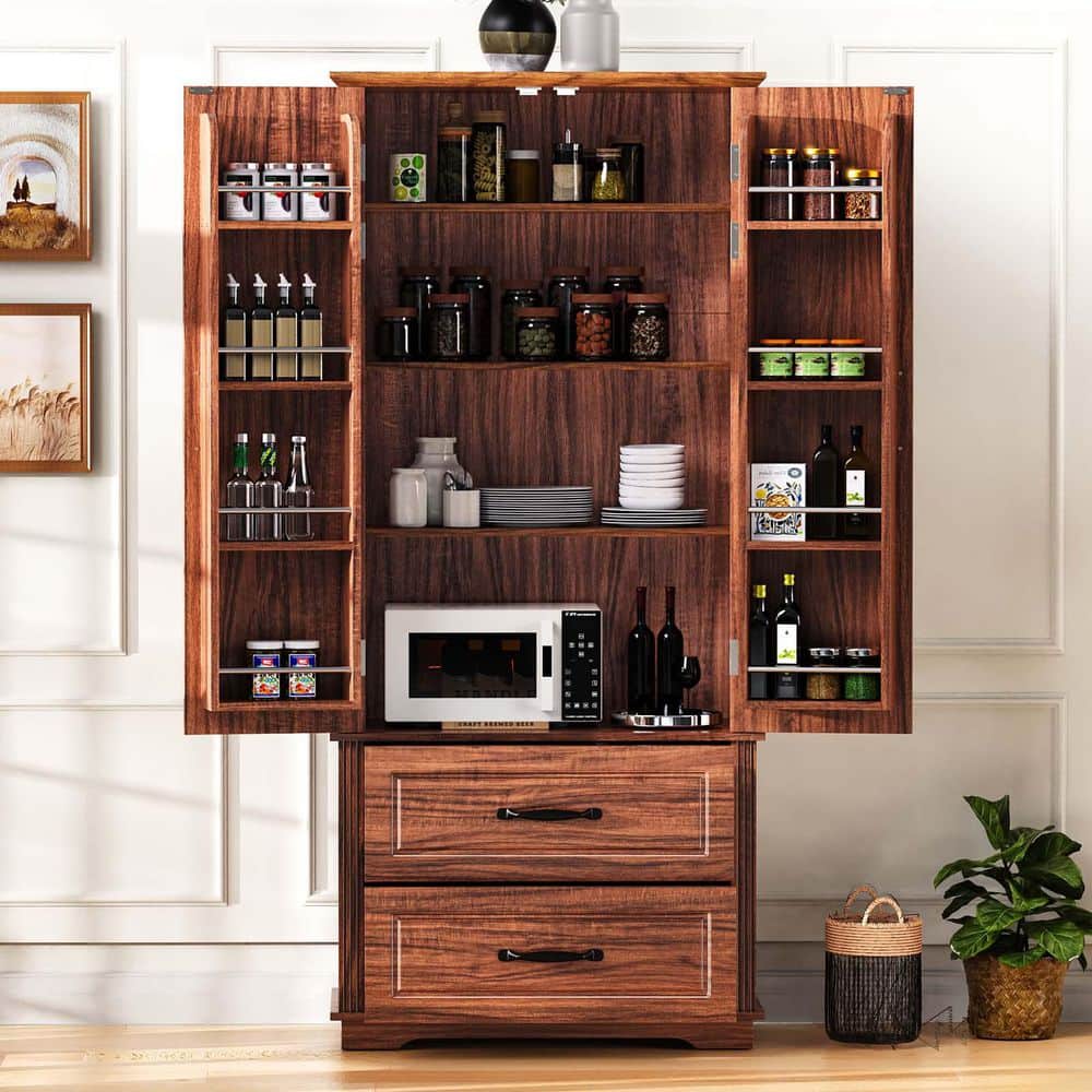 Reviews for Brown Farmhouse Kitchen Pantry Cabinet with 2-Drawers ...